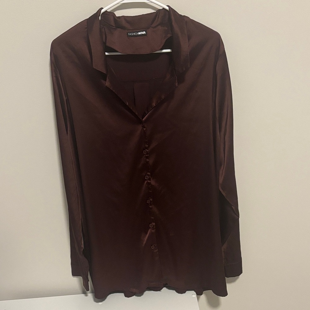 Fashion Nova Rich Burgundy Satin Blouse